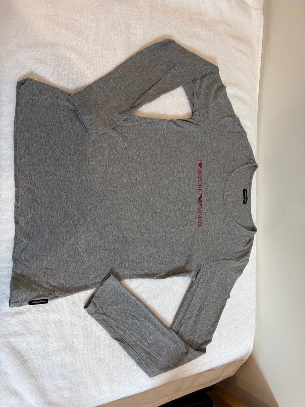 Emporio Armani Heather Gray Long Sleeve Tee with Sparkly Burgundy Logo